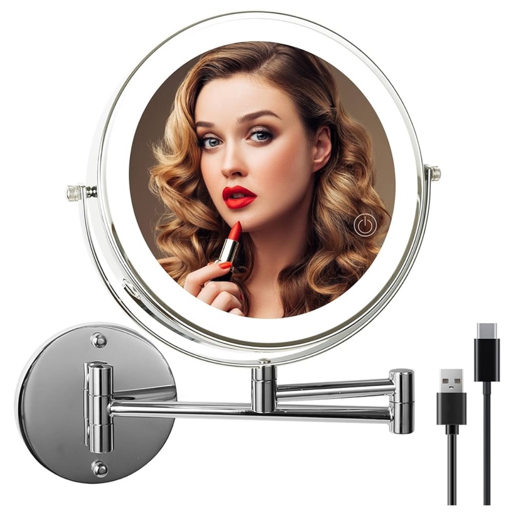 NEW 8" Wall Mount Lighted Vanity Mirror 1x/10x Magnification Extendable Silver
